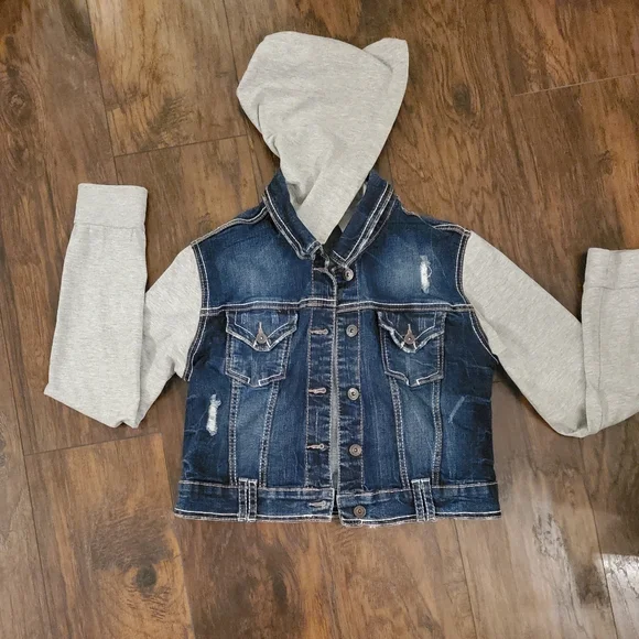 Ariya Jeans Distressed Jacket W/Sweat Shirt Material Arms & Hoodie GIRLS Size M - Picture 1 of 11
